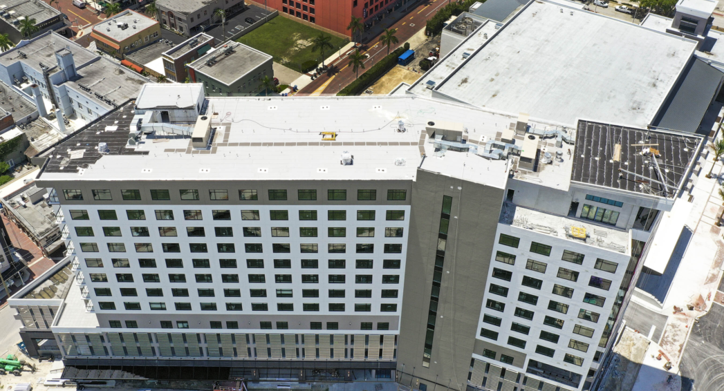 Crowther Roofing and Cooling flat roof installation on the Luminary Hotel downtown Ft Myers